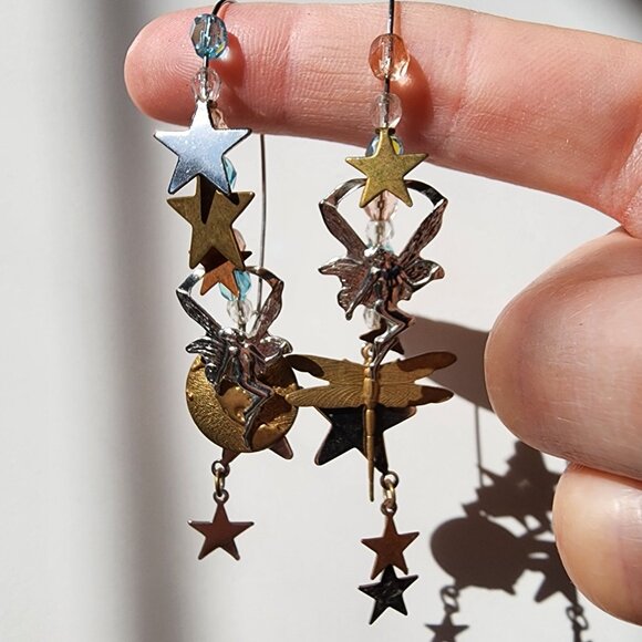 VINTAGE Fairy Stars Sterling and Gold with Bead Dangle Hook Closure Earrings - Picture 1 of 12